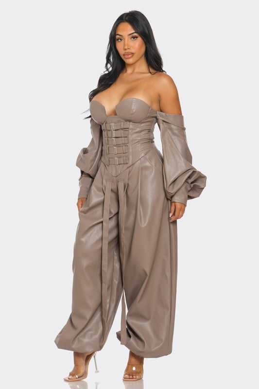 Dare Me Strapless Faux Leather Corset Jumpsuit