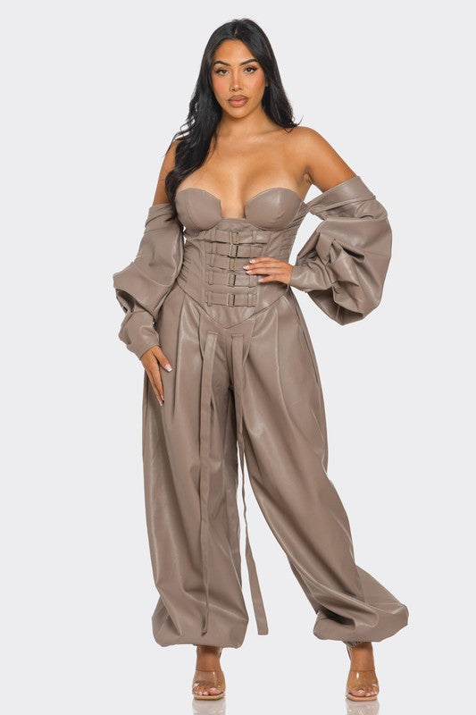 Dare Me Strapless Faux Leather Corset Jumpsuit