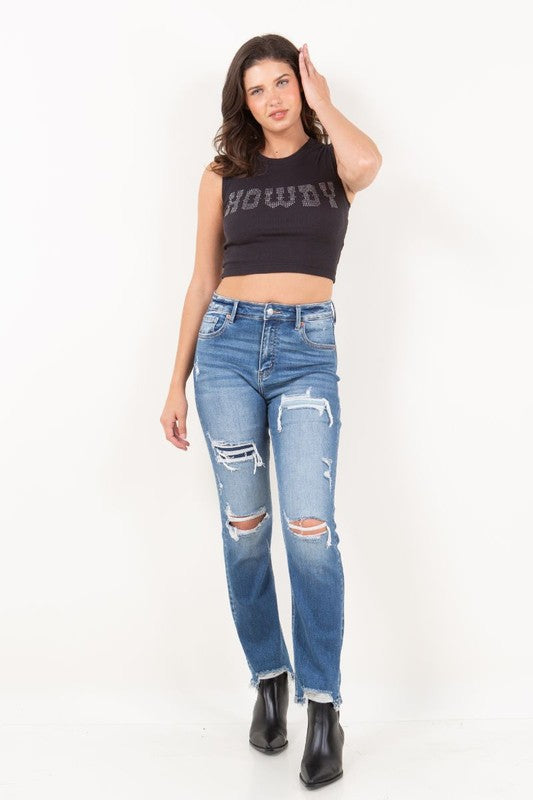 Mesh Tummy Control High Rise Straight Jeans