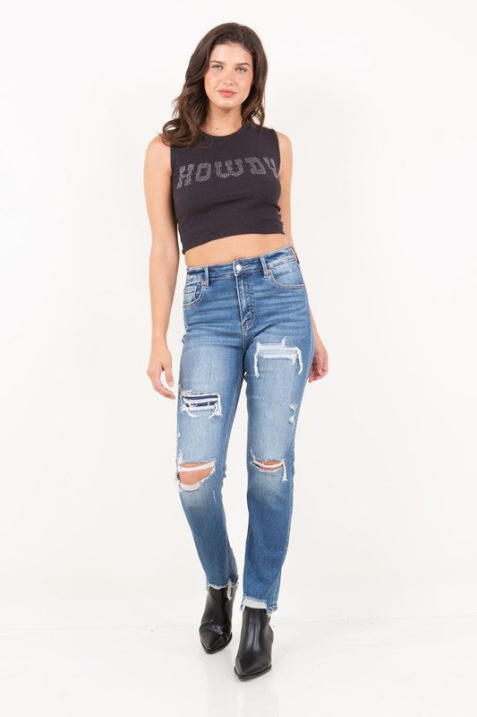 Mesh Tummy Control High Rise Straight Jeans