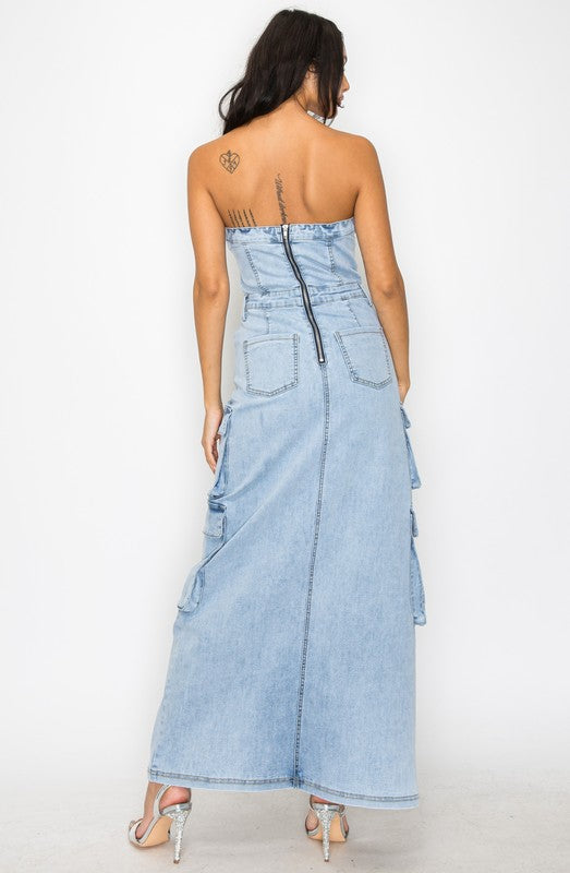 Cargo Denim Dress Light Wash