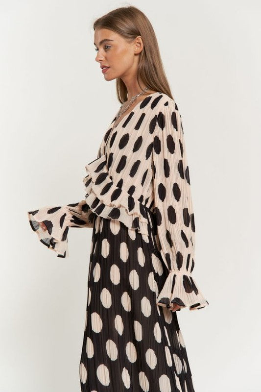 Polka Dot Ruffled Long Sleeve Pleated Maxi Dress