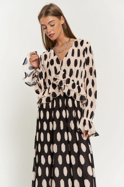 Polka Dot Ruffled Long Sleeve Pleated Maxi Dress