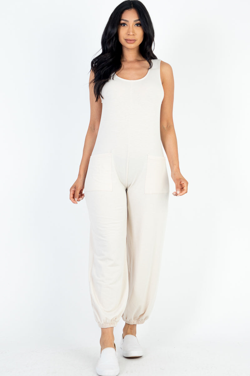 Casual Solid French Terry Sleeveless Scoop Neck Front Pocket Jumpsuit