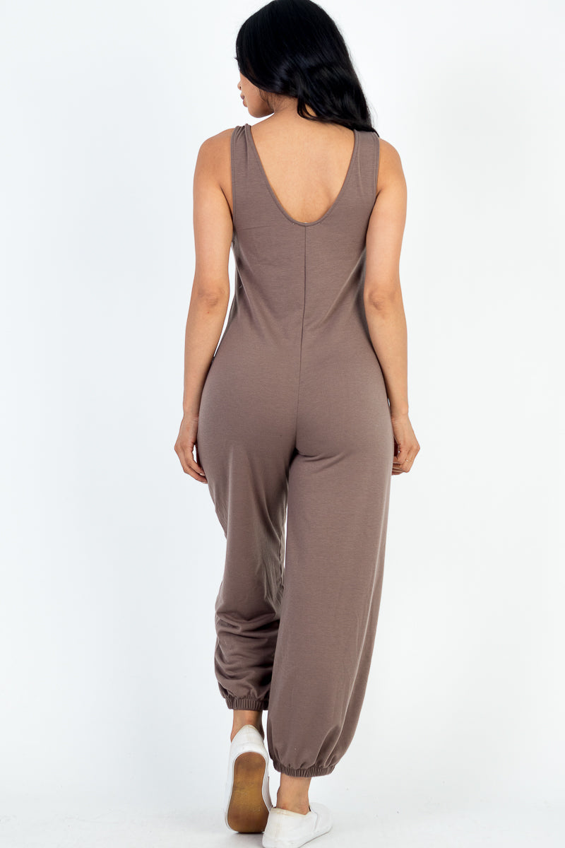 Casual Solid French Terry Sleeveless Scoop Neck Front Pocket Jumpsuit