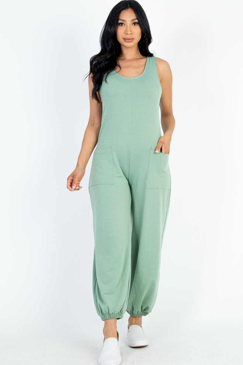 Casual Solid French Terry Sleeveless Scoop Neck Front Pocket Jumpsuit