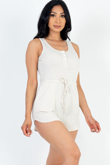 Casual Solid French Terry Sleeveless Drawstring Waist Button Tank Romper with Pockets