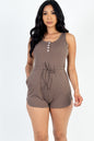 Casual Solid French Terry Sleeveless Drawstring Waist Button Tank Romper with Pockets