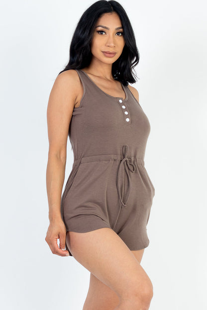 Casual Solid French Terry Sleeveless Drawstring Waist Button Tank Romper with Pockets