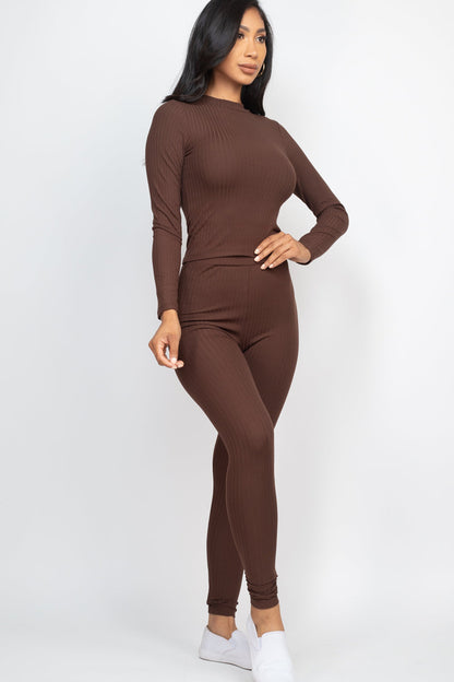 Ribbed Mock Neck Long Sleeve Top & Leggings Set