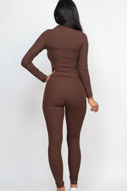 Ribbed Mock Neck Long Sleeve Top & Leggings Set