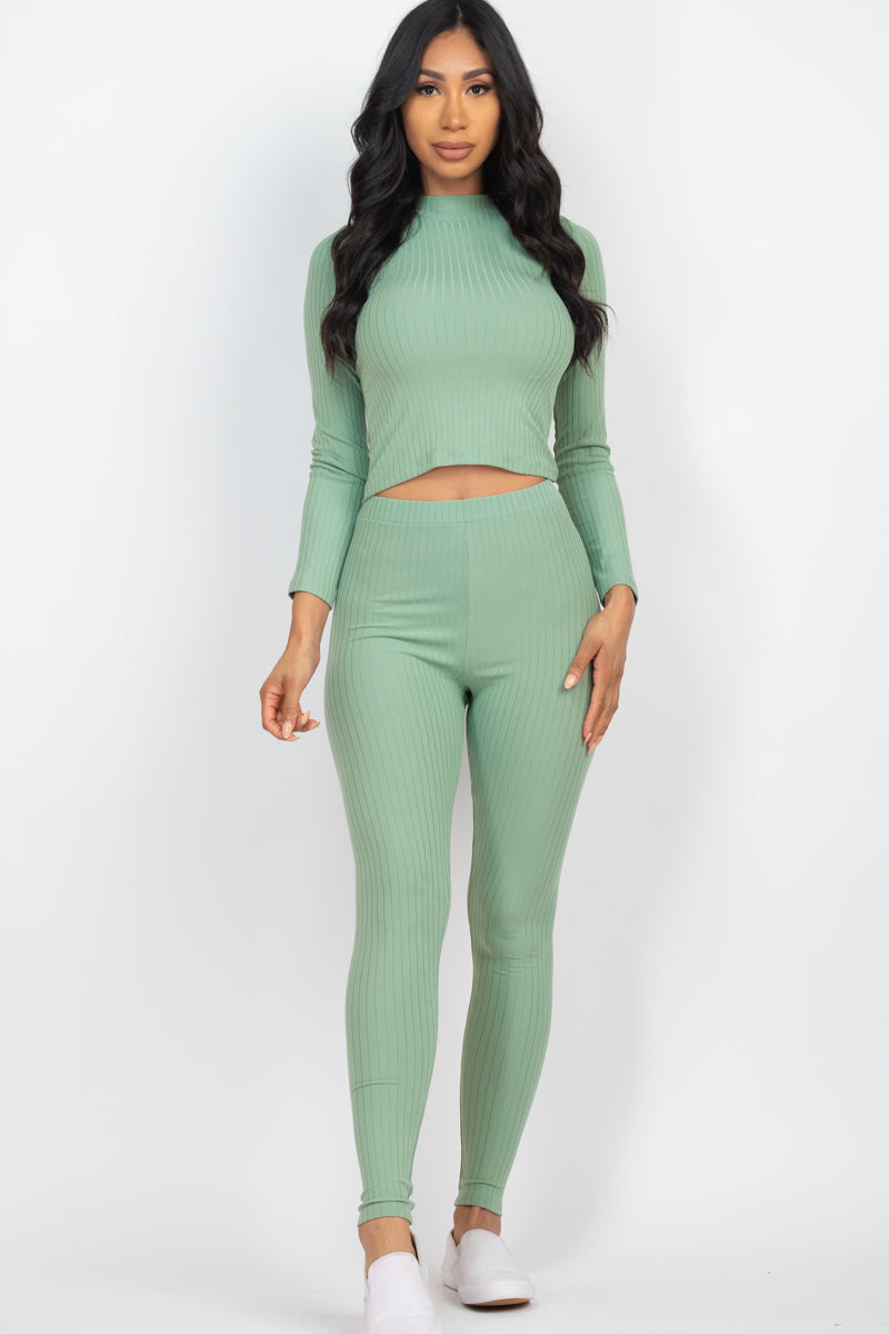 Ribbed Mock Neck Long Sleeve Top & Leggings Set