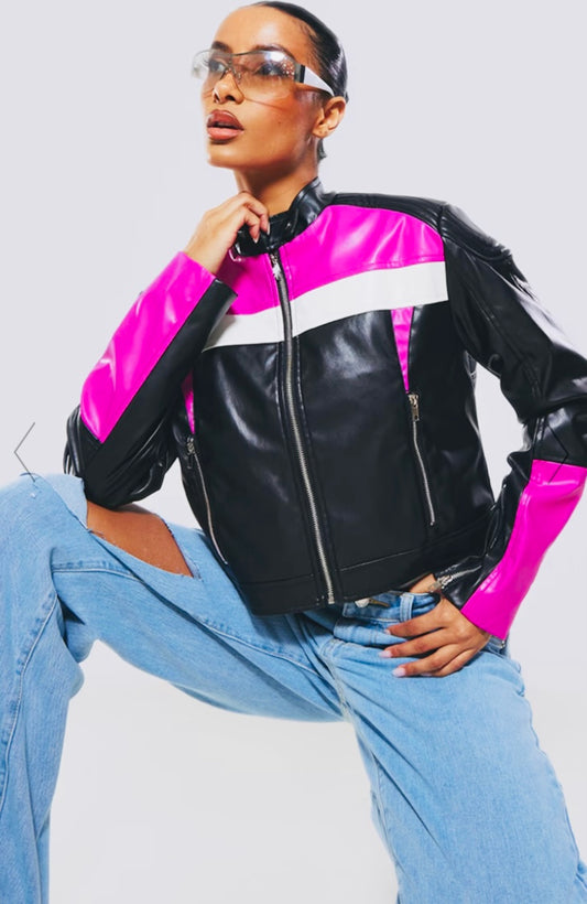 Color Block Faux Leather Biker Jacket