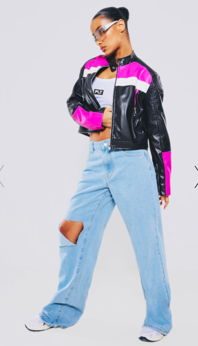 Color Block Faux Leather Biker Jacket