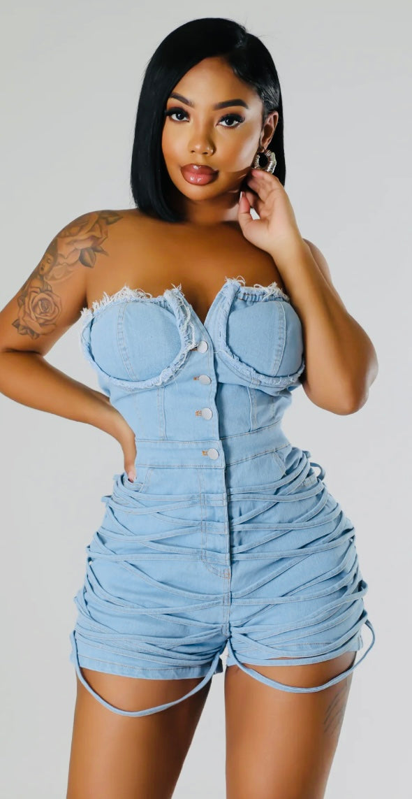 Sudden Silence Frayed Edge Denim Corset Romper