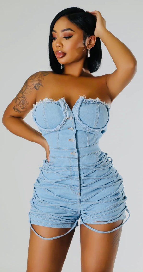 Sudden Silence Frayed Edge Denim Corset Romper