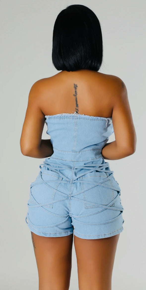 Sudden Silence Frayed Edge Denim Corset Romper