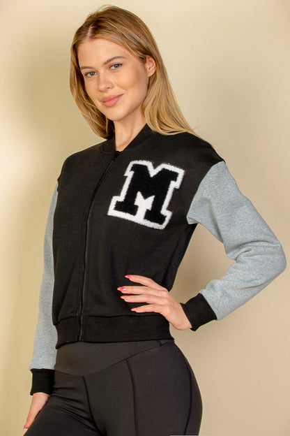 Letter Patched Striped Trim Varsity Jacket