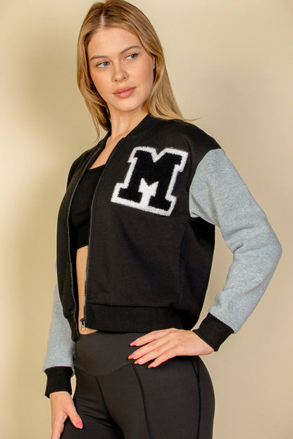 Letter Patched Striped Trim Varsity Jacket