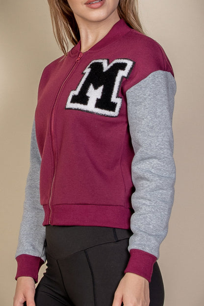 Letter Patched Striped Trim Varsity Jacket