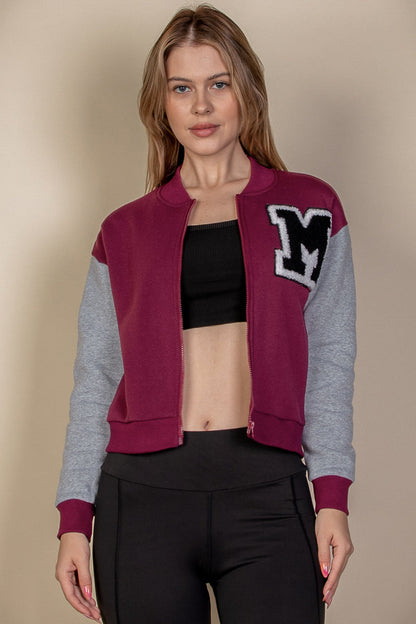 Letter Patched Striped Trim Varsity Jacket