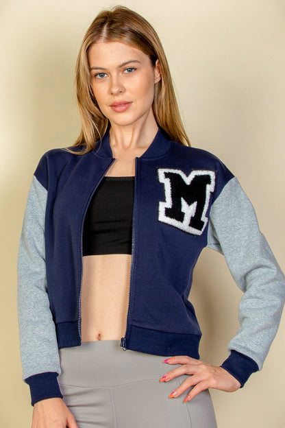 Letter Patched Striped Trim Varsity Jacket