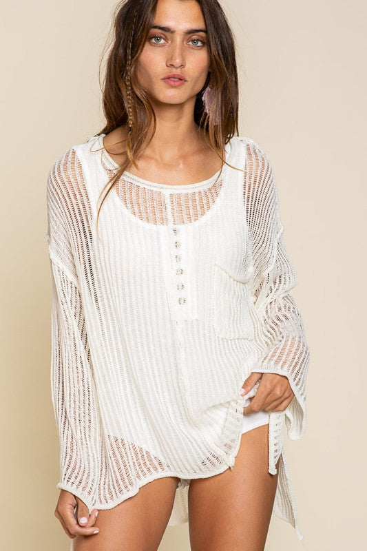 Day/Midnight Loose See Through Boat Neck Coverup Sweater