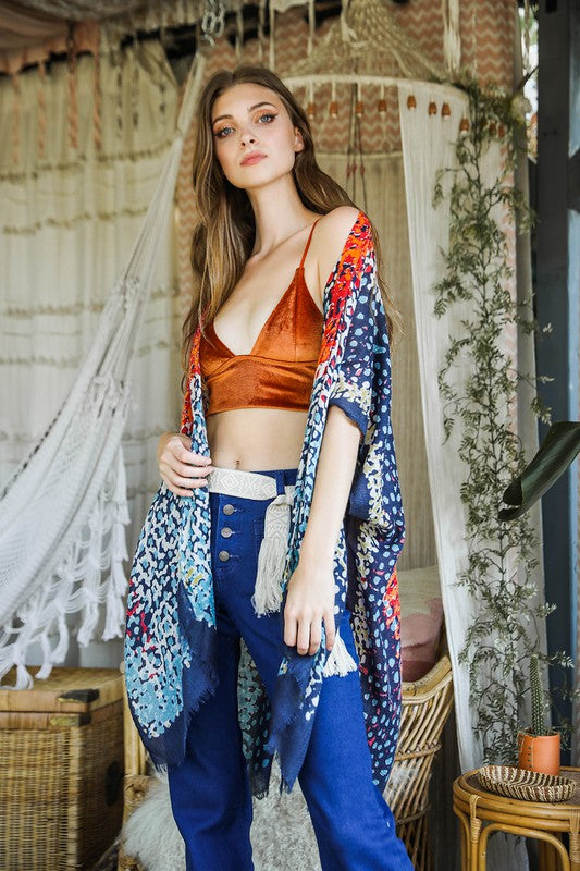 Star Light Vibrant Multicolor Frayed Edge Kimono w/ Armholes