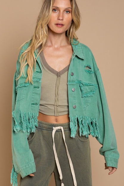 Take Me Please Fringe Distressed Crop Denim Jacket