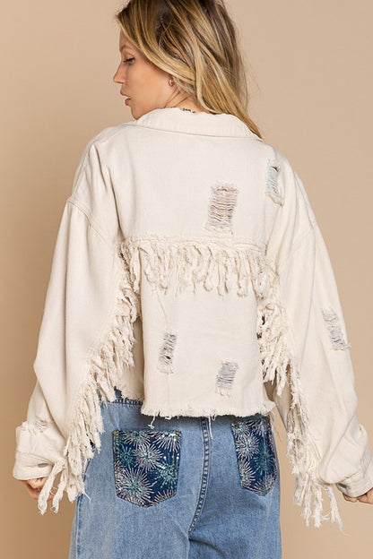 Take Me Please Fringe Distressed Crop Denim Jacket