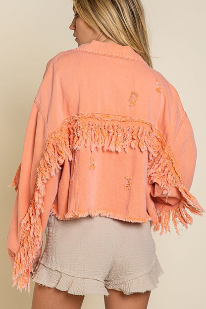 Take Me Please Fringe Distressed Crop Denim Jacket