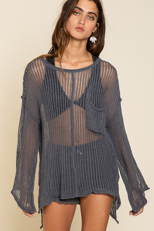 Day/Midnight Loose See Through Boat Neck Coverup Sweater