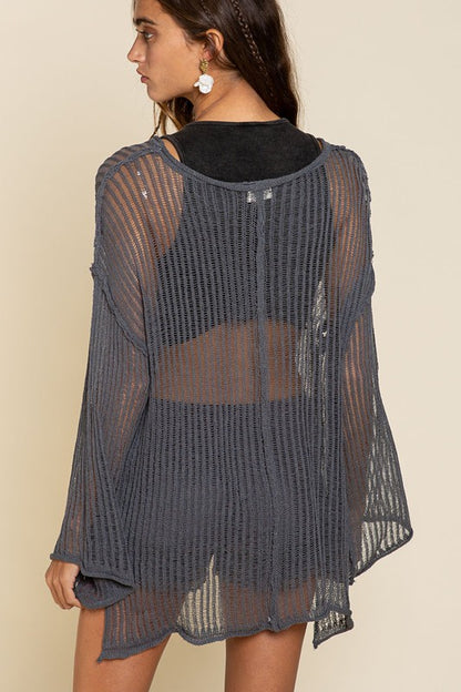 Day/Midnight Loose See Through Boat Neck Coverup Sweater