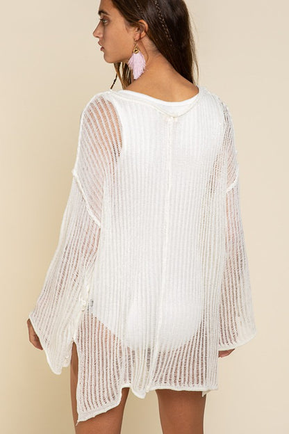 Day/Midnight Loose See Through Boat Neck Coverup Sweater